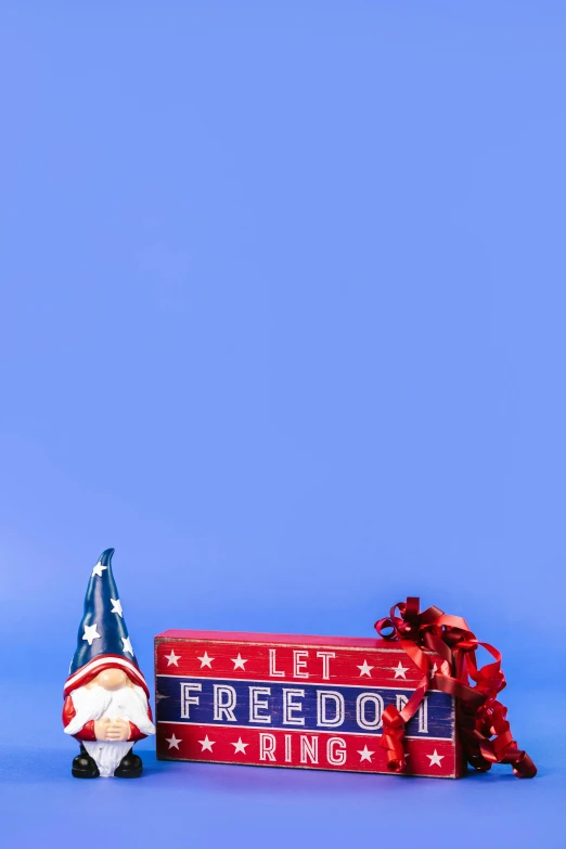 a gnome sitting next to a sign that says let freedom ring, pexels, solid background, presents, usa-sep 20, profile image