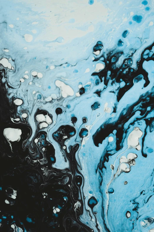 a painting with black and white paint on it, blue marble, bubbling liquids, black and aqua colors, zoomed in