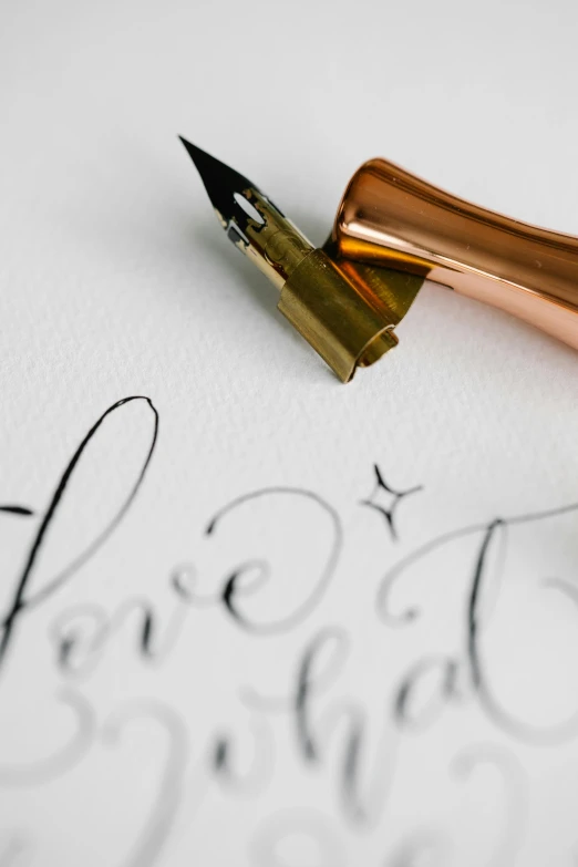 a fountain pen sitting on top of a piece of paper, letterism, rose gold heart, thumbnail, close up portrait, unframed