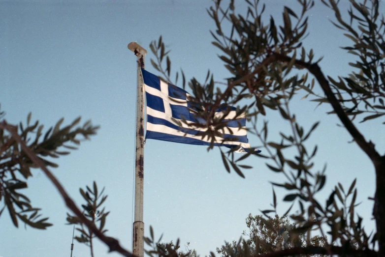 a greek flag flying high in the sky, by Nassos Daphnis, pexels, hyperrealism, 1960s color photograph, trees around, square, an olive skinned