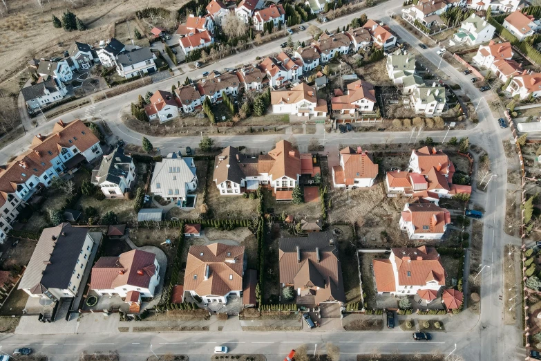 a bird's eye view of a residential area, by Adam Marczyński, shutterstock, ruined subdivision houses, 15081959 21121991 01012000 4k, swedish houses, mixed development