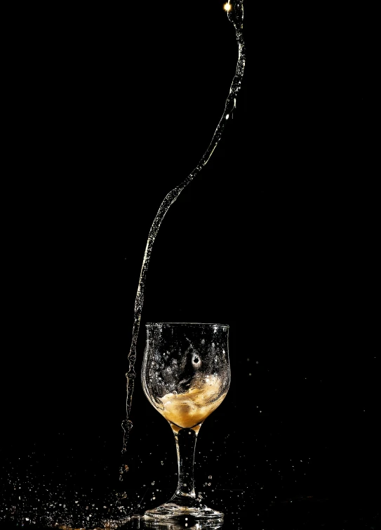 a glass filled with liquid sitting on top of a table, a digital rendering, by Daniel Seghers, unsplash, renaissance, black splashes, made of liquid, water reflection!!!!!, wine glass