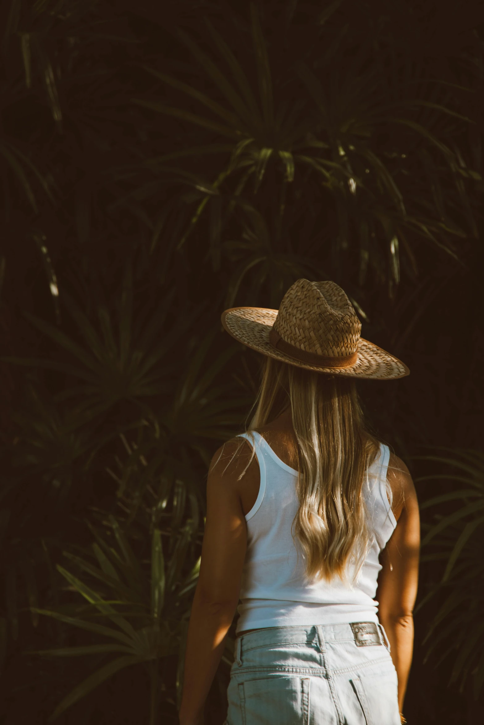 a woman standing in front of a bush with a hat on, inspired by Elsa Bleda, unsplash contest winner, slightly tanned, tropical atmosphere, back lit, profile image