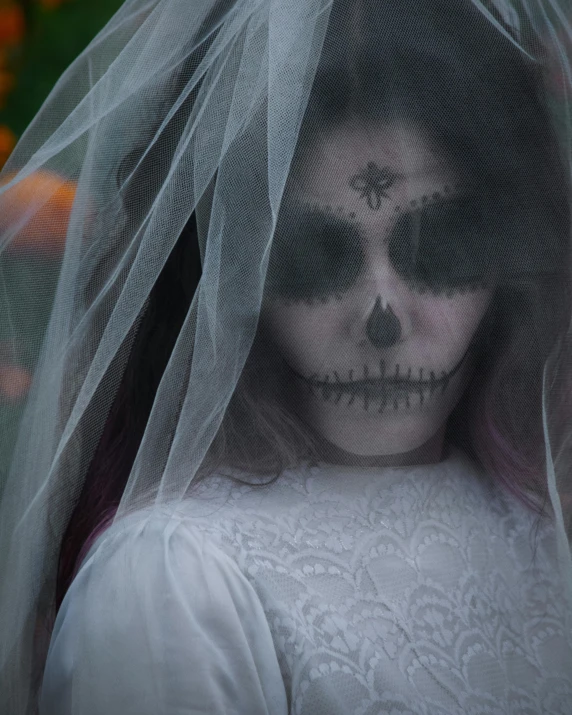 a woman in a wedding dress with a veil over her head, inspired by Pietro Longhi, pexels contest winner, gothic art, sugar skull, snapchat photo, lgbtq, but very good looking”