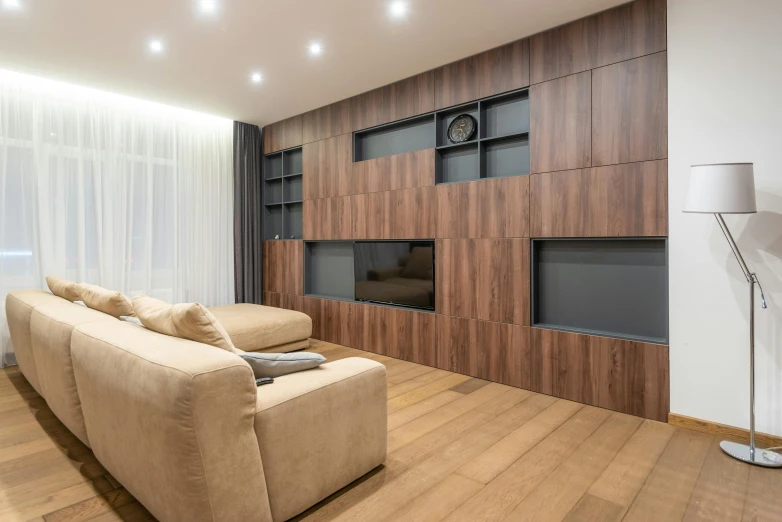 a living room filled with furniture and a flat screen tv, pexels contest winner, light and space, walnut wood, recessed, volumetric interior lighting, ultra - quality