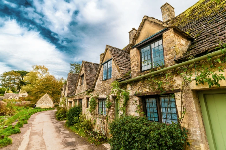 an old stone cottage in the cot cot cot cot cot cot cot cot cot cot cot cot, by Simon Marmion, shutterstock, arts and crafts movement, many large green windows, baroque winding cobbled streets, big sky, taken in 2 0 2 0