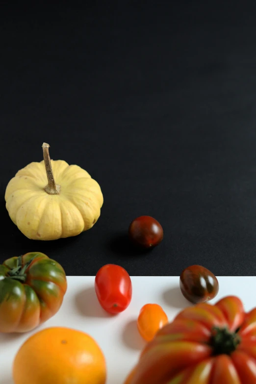 a table topped with lots of different types of tomatoes, a still life, by Alison Geissler, unsplash, pumpkin, black main color, profile image, slate