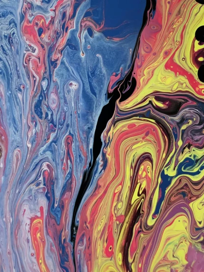 a close up of a painting with a blue sky in the background, colourful slime, black fluid simulation, profile picture, ilustration