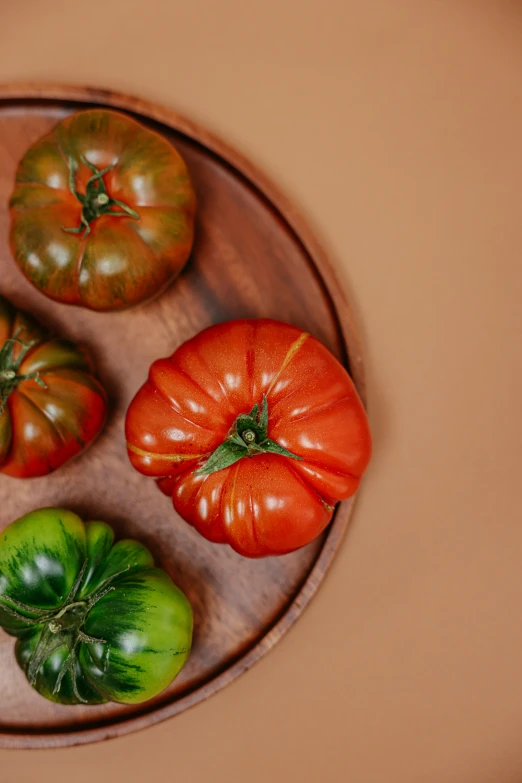 a wooden plate topped with lots of different types of tomatoes, by Carey Morris, trending on unsplash, muted green, made of glazed, profile pic, san francisco