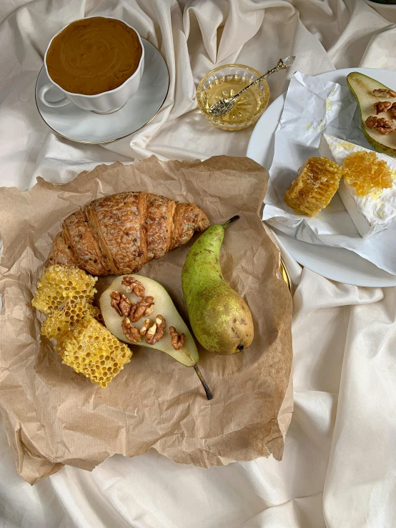 a table topped with a plate of food next to a cup of coffee, pears, profile image, cornucopia, thumbnail