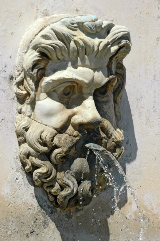 a statue of a man drinking water from a fountain, inspired by Gian Lorenzo Bernini, facial hair, saturno buttò, wall of water either side, head of a lion