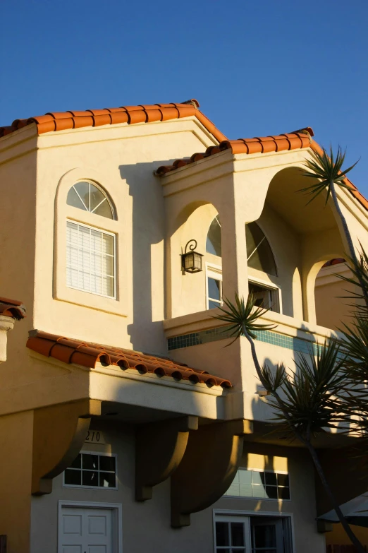 a house with a palm tree in front of it, golden hour in pismo california, profile image, tiled roofs, parapets