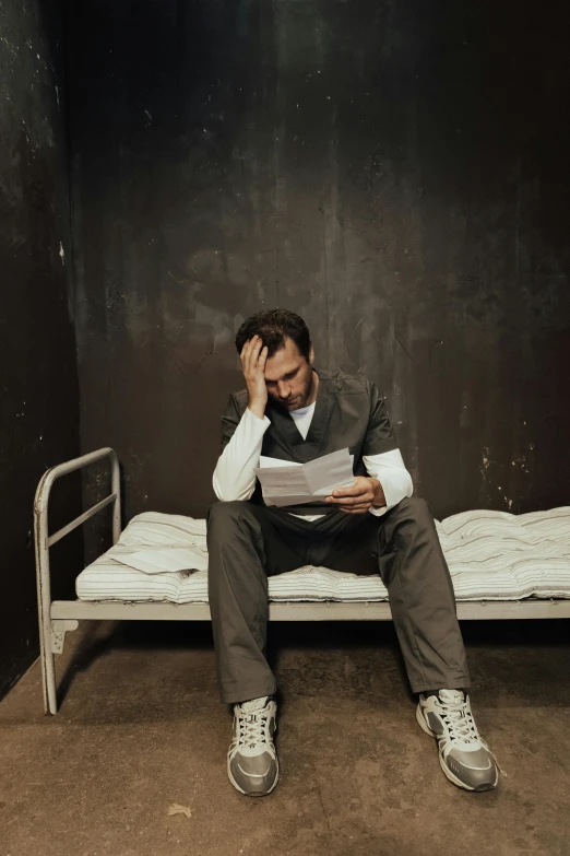 a man sitting on a bed reading a book, in jail, what depression looks like, lunatic asylum, promo image