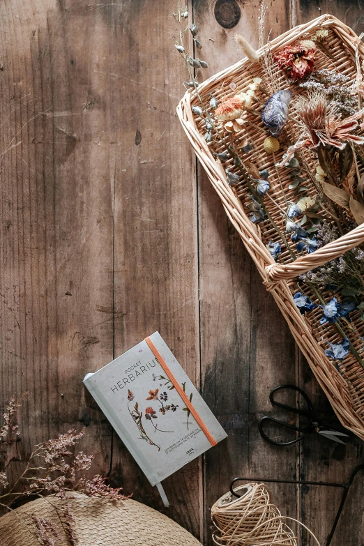 a basket filled with dried flowers sitting on top of a wooden table, by Eglon van der Neer, trending on unsplash, flatlay book collection, blue and orange palette, ingredients on the table, everything fits on the screen