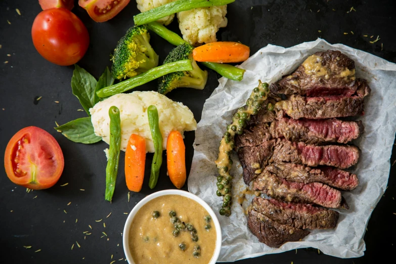 a plate of steak, mashed potatoes, carrots, and broccoli, a portrait, by Daniel Lieske, pexels contest winner, renaissance, background image, mediterranean, full product shot, multicolored