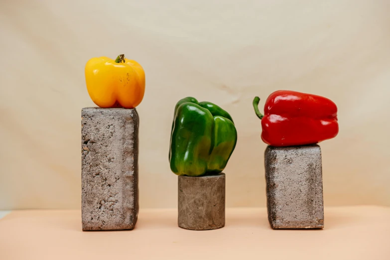 a group of peppers sitting on top of cement blocks, a still life, inspired by Nam Gye-u, concrete art, trending on dezeen, multicoloured, large tall, cast