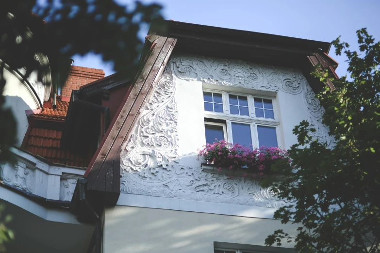 a white building with a red roof and a window, a detailed painting, inspired by Adolf Hölzel, unsplash, art nouveau, professional woodcarving, at home, hannover, white