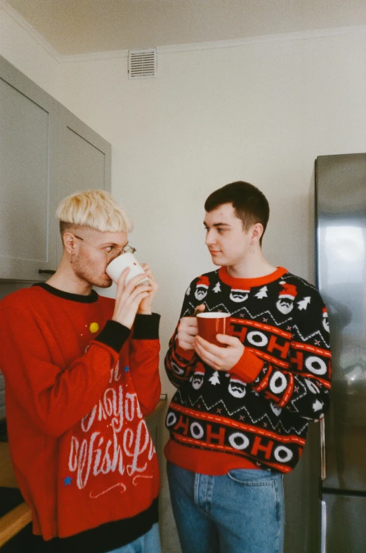 a couple of men standing next to each other in a kitchen, an album cover, pexels, teen elf, is ((drinking a cup of tea)), sweater, very very very pale skin