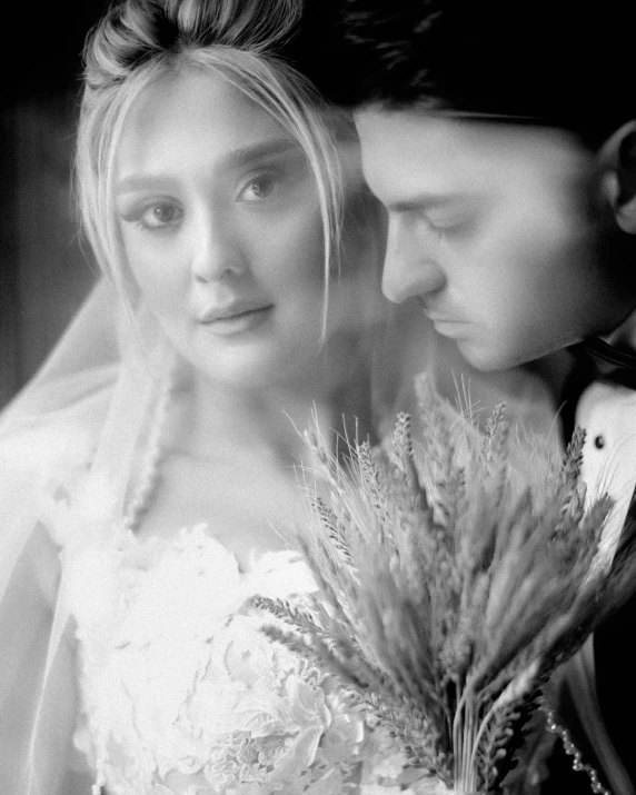 a black and white photo of a bride and groom, romanticism, cai xukun, mucha and artem demura, ((portrait)), harvest