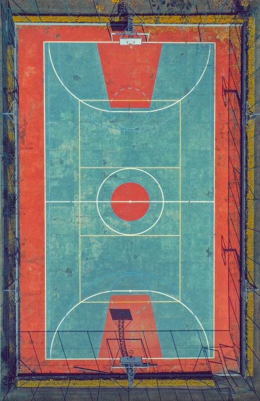 an overhead view of a basketball court, by Lubin Baugin, conceptual art, vintage color, 15081959 21121991 01012000 4k, ilustration, concrete