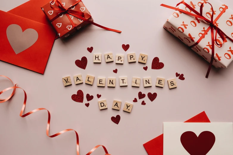 valentine's day greetings laid out on a table, by Valentine Hugo, pexels contest winner, funny jumbled letters, ecommerce photograph, background image, opening shot