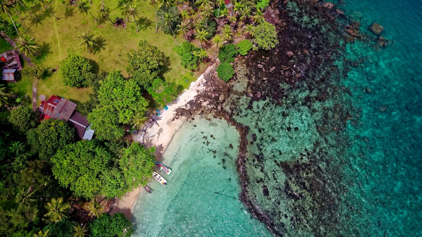 an aerial view of a beach and some trees, pexels contest winner, polynesian style, thumbnail, with water and boats, rocky beach