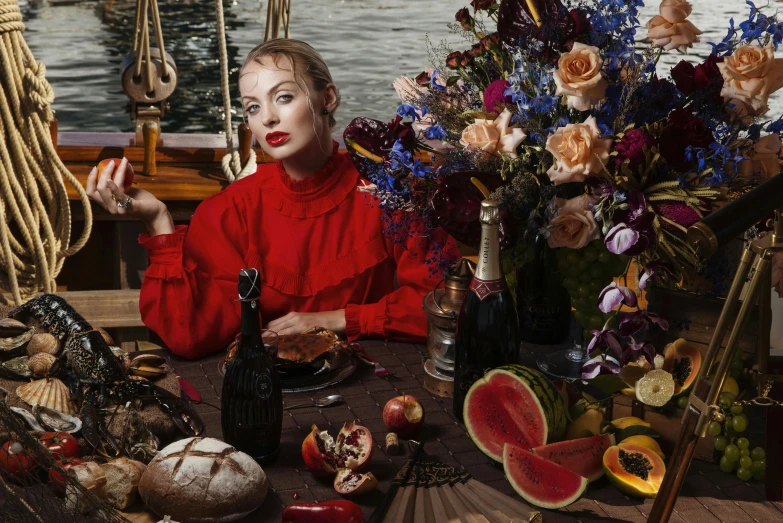 a woman sitting at a table with a bottle of wine, a still life, inspired by Karl Bryullov, pexels contest winner, renaissance, miranda otto as eowyn, photography from vogue magazine, on the ocean, portrait of kim petras