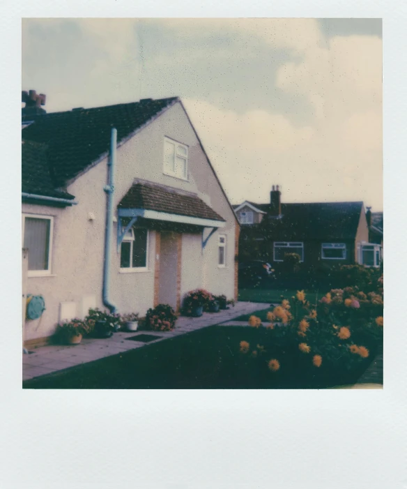 a white house with yellow flowers in front of it, a polaroid photo, by IAN SPRIGGS, unsplash, postminimalism, several cottages, analogue photo low quality, washed out, suburban garden