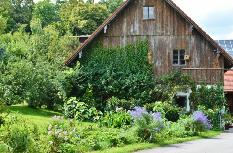 a house with a solar panel on the roof, inspired by August Sander, pexels contest winner, renaissance, rich vines and verdant flowers, barn, exterior, suzanne engelberg