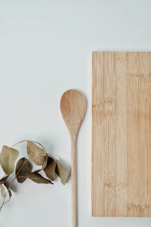 a wooden spoon sitting on top of a cutting board, trending on unsplash, minimalism, leaves and simple cloth, made of bamboo, high-quality photo, tall