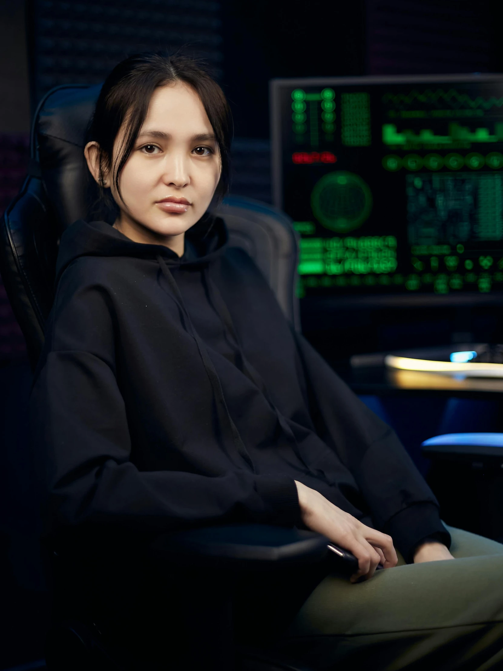 a woman sitting in a chair in front of a computer, inspired by Ayami Kojima, unsplash, in a black hoodie, 8 k studio lighting, on space station, nvidia promotional image