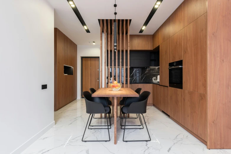 a dining room with a wooden table and black chairs, pexels contest winner, light and space, marble material, neo kyiv, clean 4 k, office ceiling panels