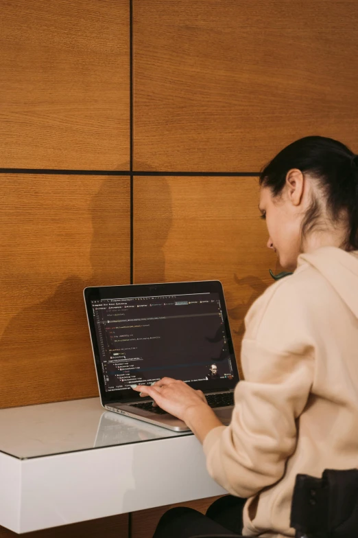 a woman sitting at a desk using a laptop computer, a computer rendering, by Joseph Severn, trending on unsplash, a python programmer's despair, brown, hacking into the mainframe, teaching