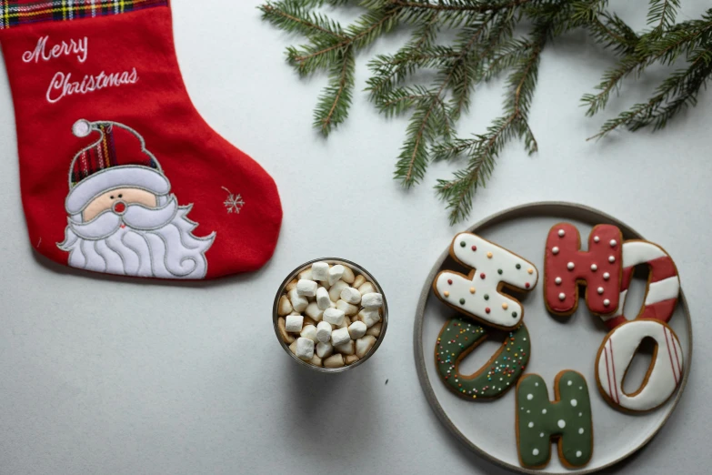 a plate of cookies next to a christmas stocking, a cartoon, pexels, shot on sony a 7 iii, animation, embroidered velvet, exterior shot