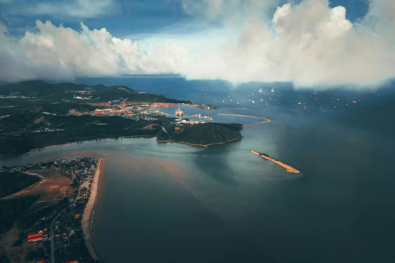 an aerial view of a large body of water, by Adam Marczyński, pexels contest winner, hurufiyya, harbour in background, photorealistic imagery, thumbnail, monsoon on tropical island