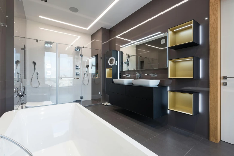 a bath room with a tub a sink and a mirror, a 3D render, pexels contest winner, black and gold, clean 4 k, suspended ceiling, extremely luminous bright design