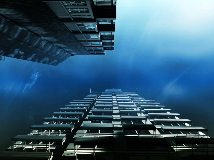 a tall building sitting in the middle of a city, inspired by Mike "Beeple" Winkelmann, pexels contest winner, hypermodernism, underwater view, istockphoto, dark building, looking up onto the sky