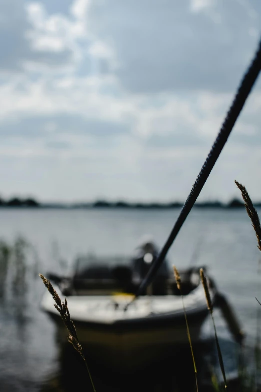 a boat sitting on top of a lake next to tall grass, cinematic shot ar 9:16 -n 6 -g, fishing pole, severe out of focus, skiff