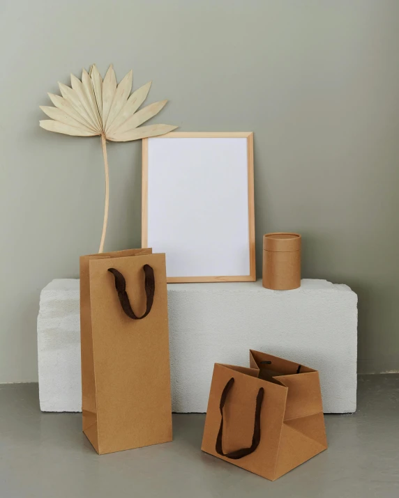 a couple of bags sitting on top of a table, a still life, by Ruth Simpson, new sculpture, professional product photo, square pictureframes, light tan, made of bamboo