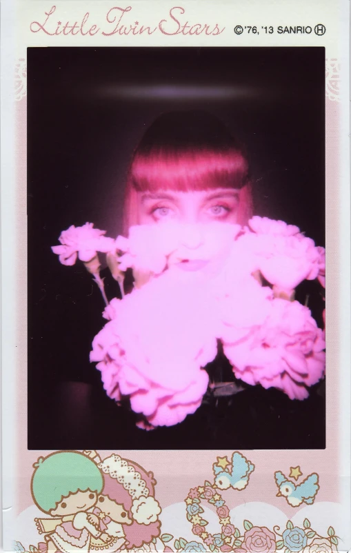 a little girl holding a bunch of pink flowers, a polaroid photo, inspired by Elsa Bleda, full bangs, red neon roses, ellen von unwerth, psychedelic photoluminescent