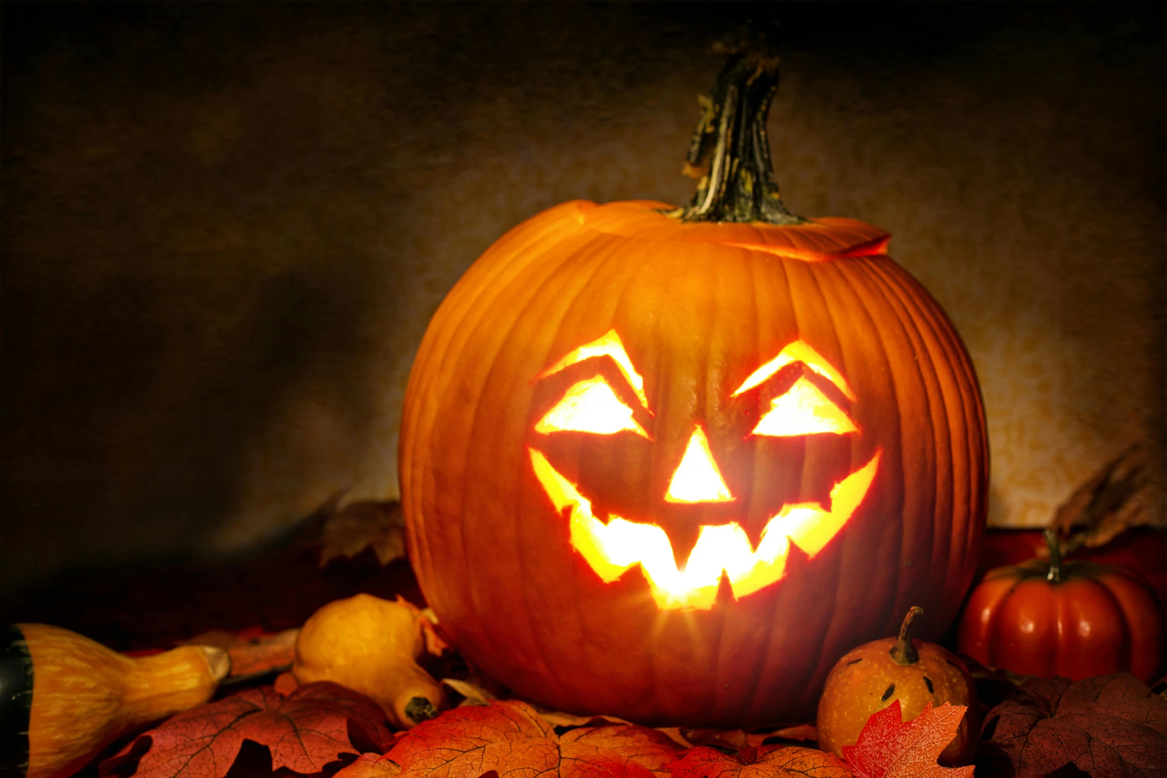 a carved pumpkin sitting on top of a pile of leaves, an album cover, shutterstock, scary smile, brightly lit!, decorations, thumbnail