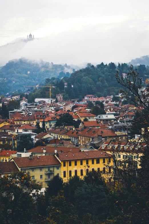 a view of a city from the top of a hill, inspired by Raffeaello Ossola, pexels contest winner, renaissance, autumnal, square, bizzaro, gloomy colors