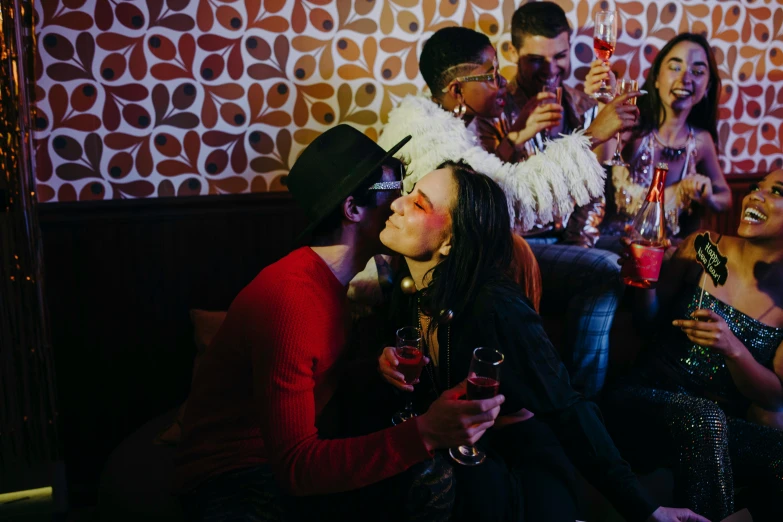 a group of people sitting next to each other at a party, trending on pexels, renaissance, making out, sitting in a lounge, promotional image, nightcap