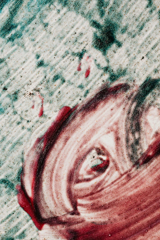 a close up of a painting of a red rose, an album cover, inspired by Julian Schnabel, trending on pexels, blood smear, spirals in eyes, scratched vial, close-up fight