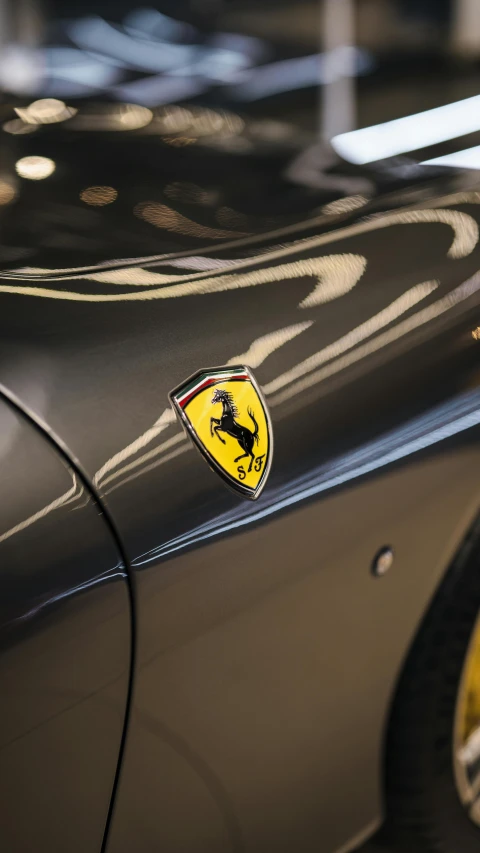 a close up of a ferrari badge on a car, pexels contest winner, synthetism, gun metal grey, thumbnail, black and yellow, car paint