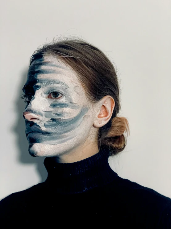 a woman with her face painted like a cat, inspired by Anna Füssli, an ai generated image, broken mask, ignant, grisaille