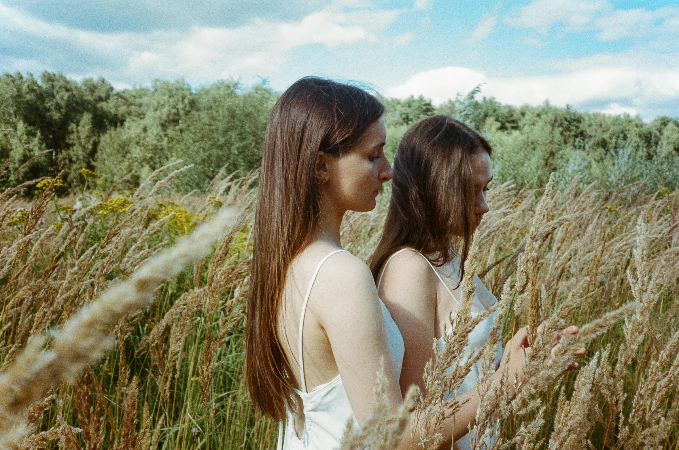 two women standing in a field of tall grass, an album cover, by Attila Meszlenyi, pexels contest winner, thin lustrous hair, twins, profile image, ignant