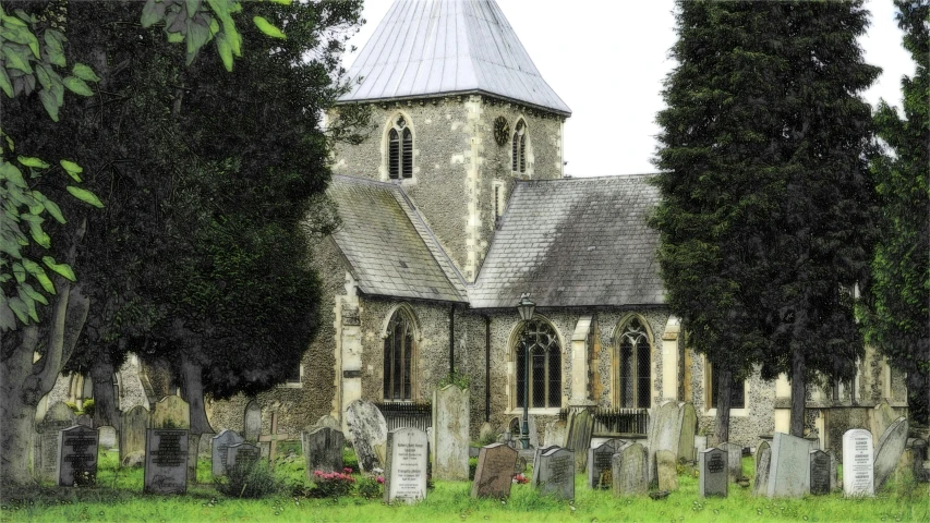 a church with a steeple surrounded by trees, by Kev Walker, pixabay, renaissance, gravestones, the narthex, grey, coloured