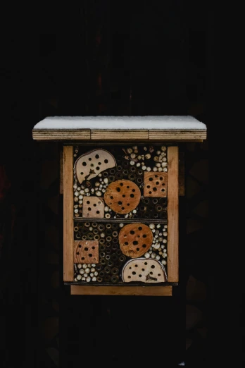 a bug hotel sitting on top of a wooden table, unsplash, conceptual art, on black background, white with chocolate brown spots, 1 6 x 1 6, multiple stories