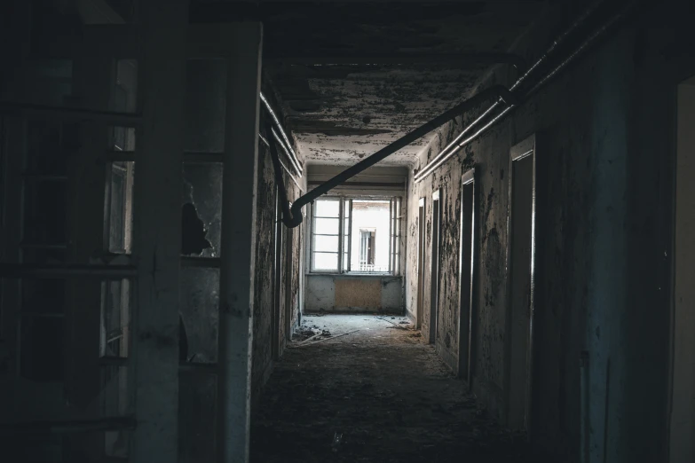 a dimly lit hallway in an abandoned building, pexels contest winner, instagram post, windows and walls :5, demolition, interior of a small